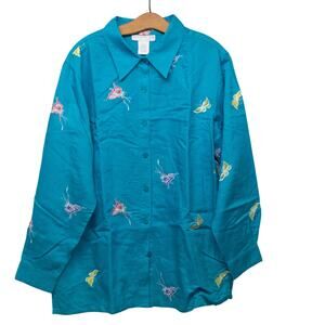 Women's Large SUSAN GRAVER Linen Blend Teal Butterfly Button Down Tunic Blouse